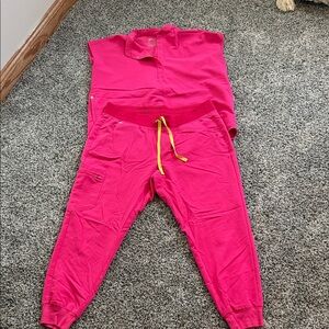 Figs Women's Pink Joggers with Yellow Drawstring